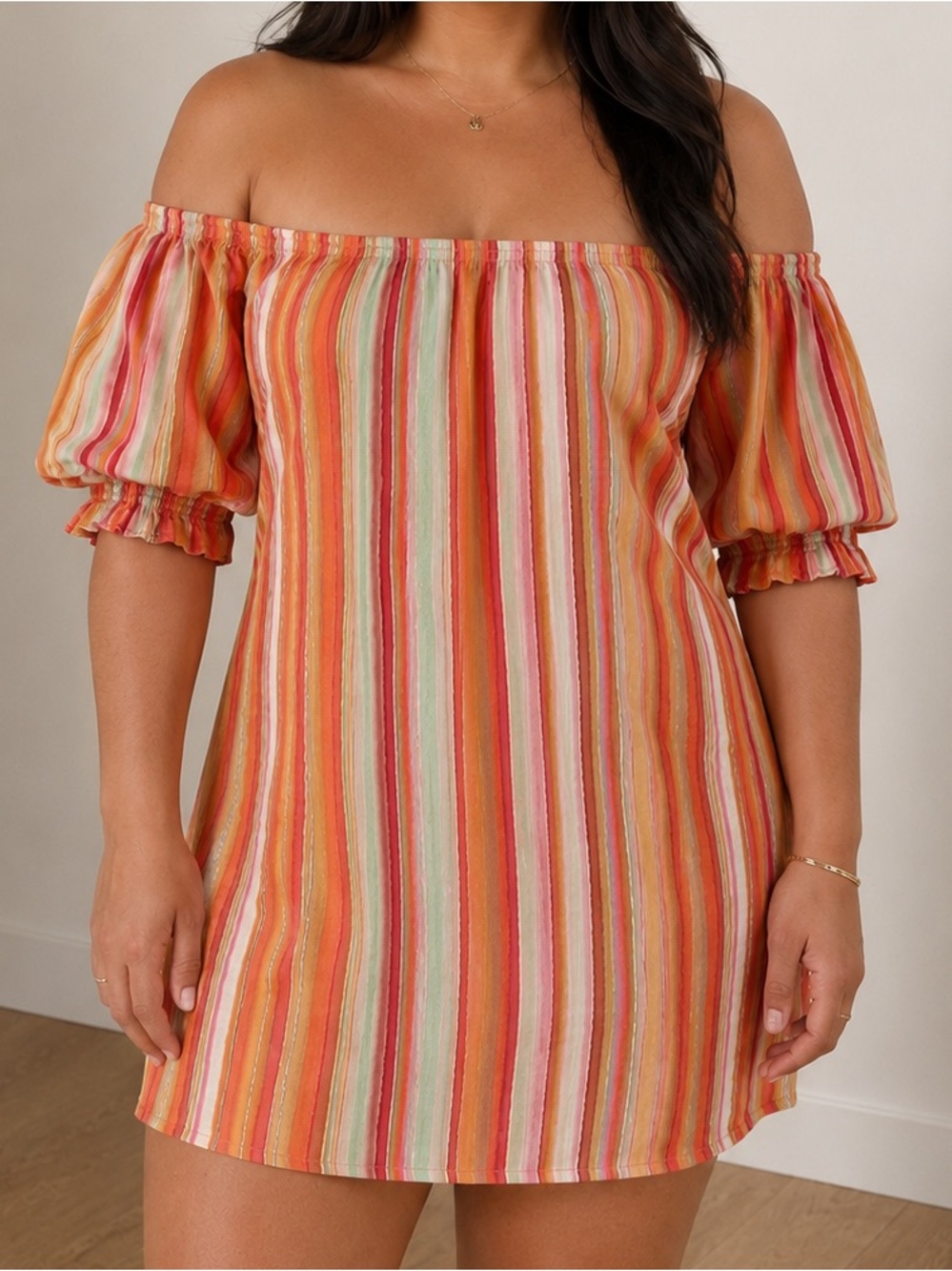 Cream Off Shoulder Stripe Mini Dress Size 36 Boho Cottagecore Indie Colorful